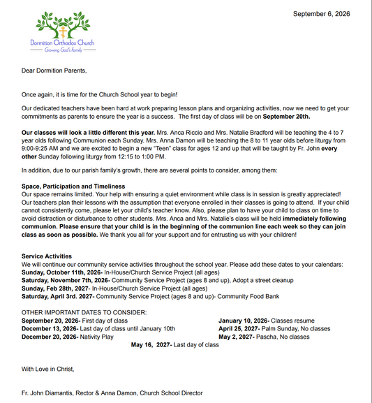 Church School Begins Sept. 20